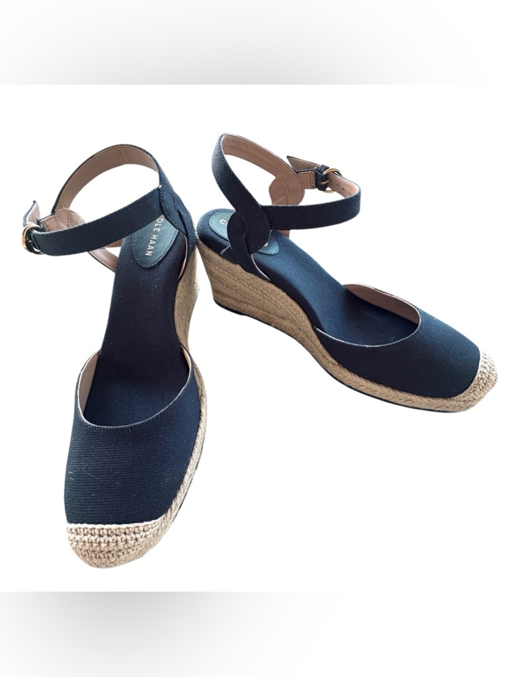 Cole Haan Navy Canvas Espadrille Wedge Sandals with Ankle Strap
